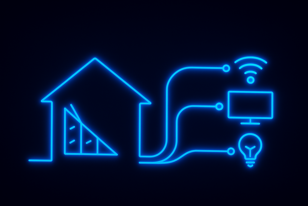 Smart Home Planning Neon smart home illustration with Wi‑Fi, monitor, and light bulb icons