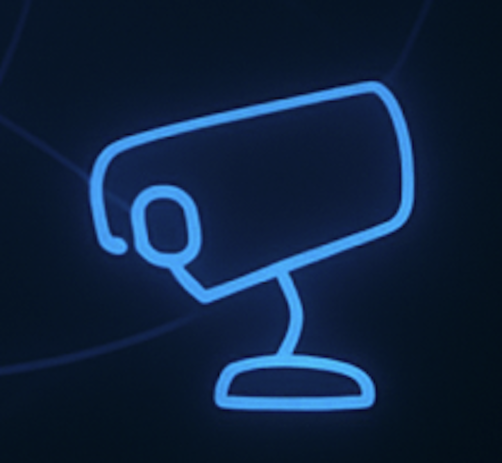 Smart Home Devices & CCTV Neon blue CCTV camera icon on dark background