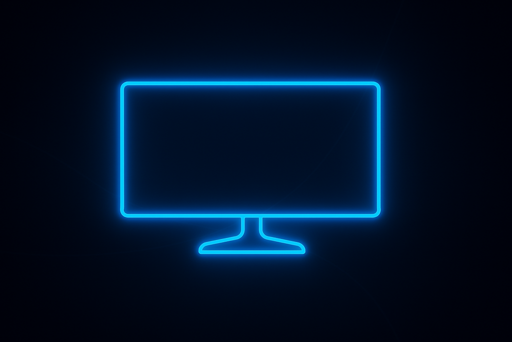 TV & entertainment setup Neon blue computer monitor icon on dark background