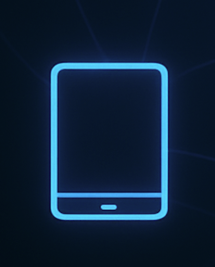 Neon blue smartphone icon on dark background