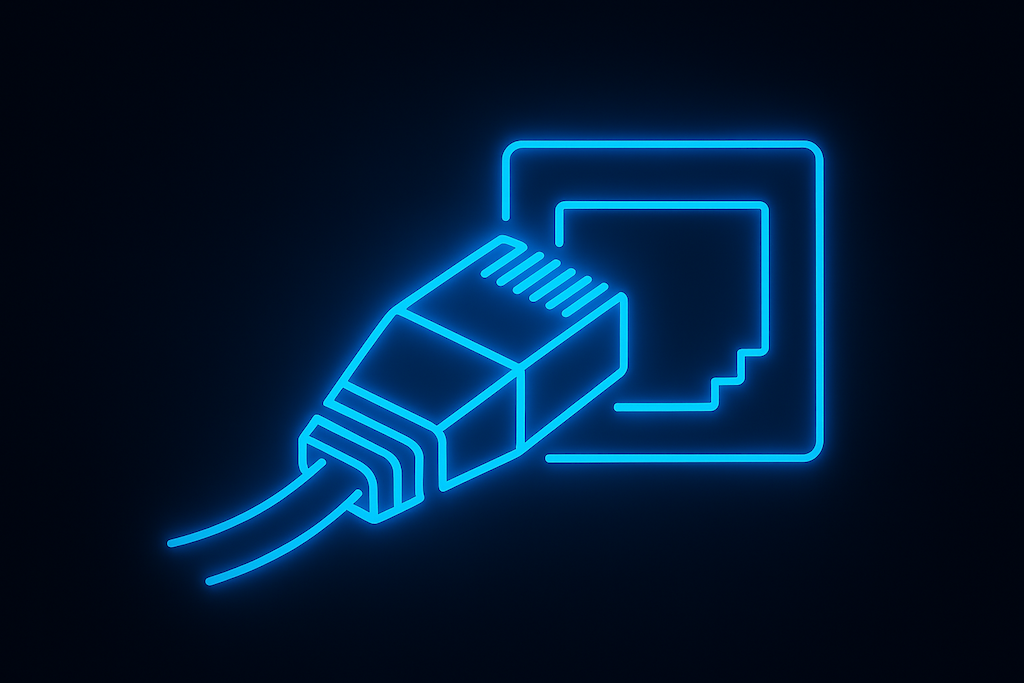 Wired Networking & Home Cabling Neon blue Ethernet cable and network port icon