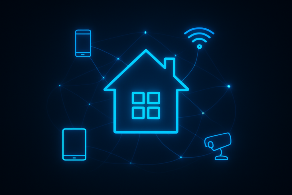 Neon smart home network illustration with connected devices