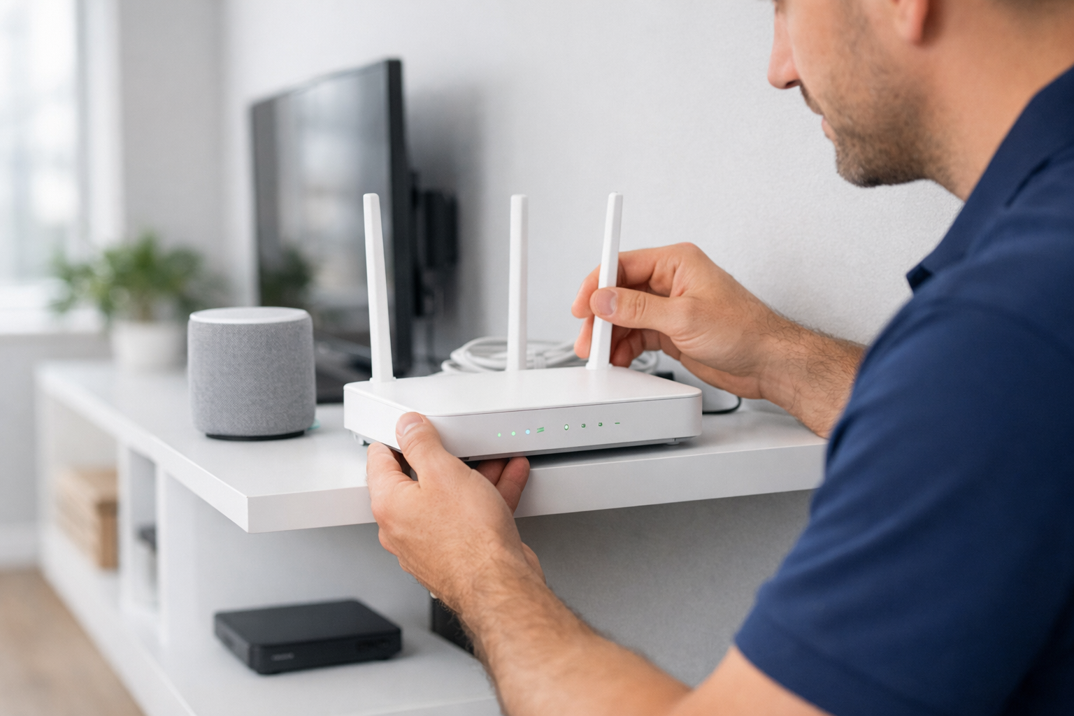 Person adjusting Wi‑Fi router on shelf